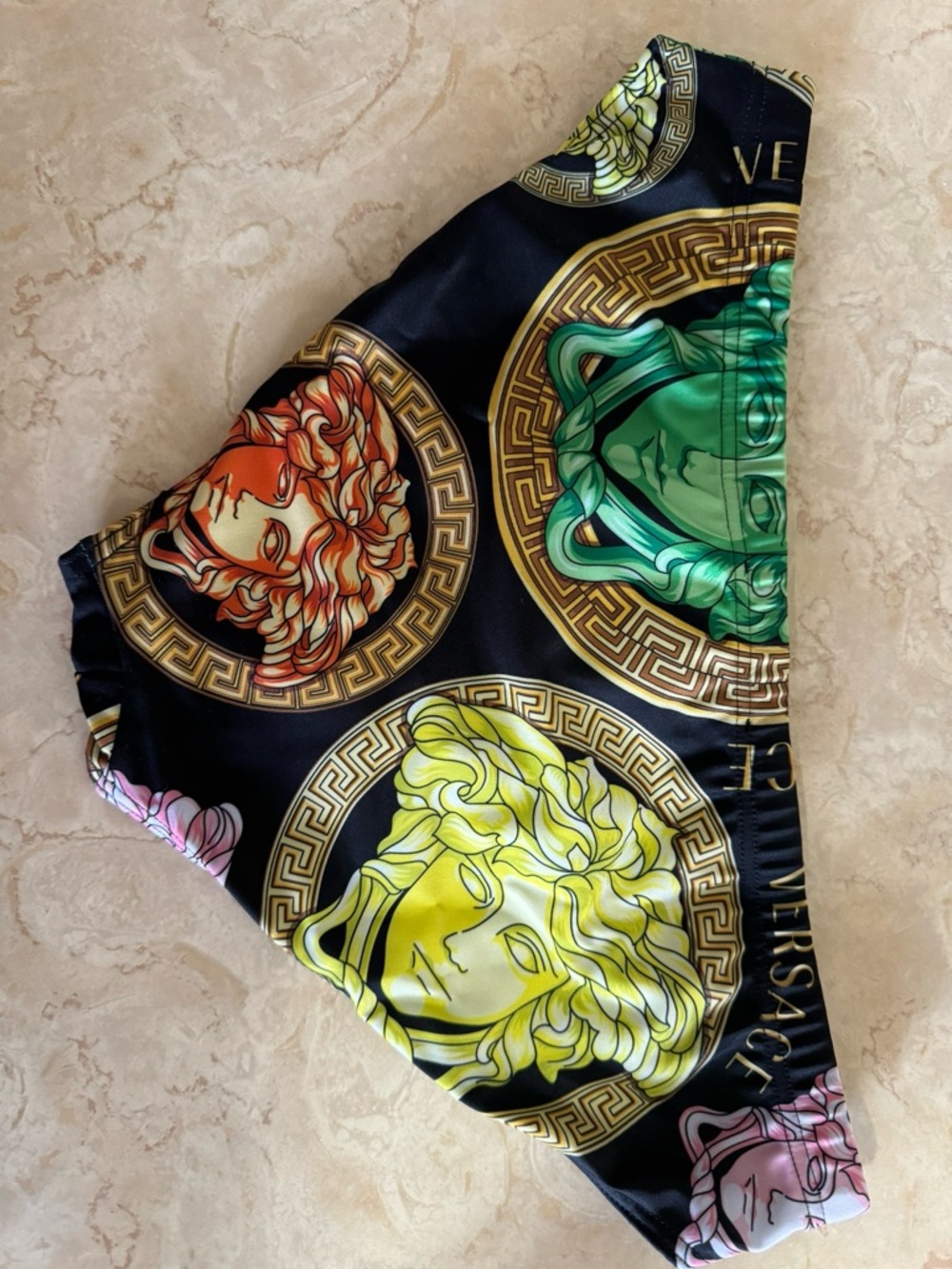 Versace Black Bikini Bottoms with Blue, Green and Gold Graphic